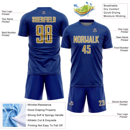 Gold-White Geometric Soccer Shape Royal Old Sports Sublimation Uniform Jersey Custom